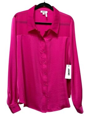 DKNY hot pink satin button-front long sleeve blouse NWT Size XL